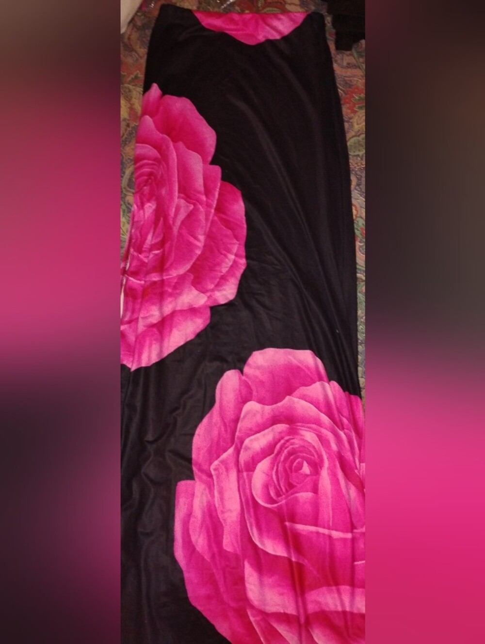 SHEIN - Women’s Black & Pink Rose-Print Skirt /Cover Up